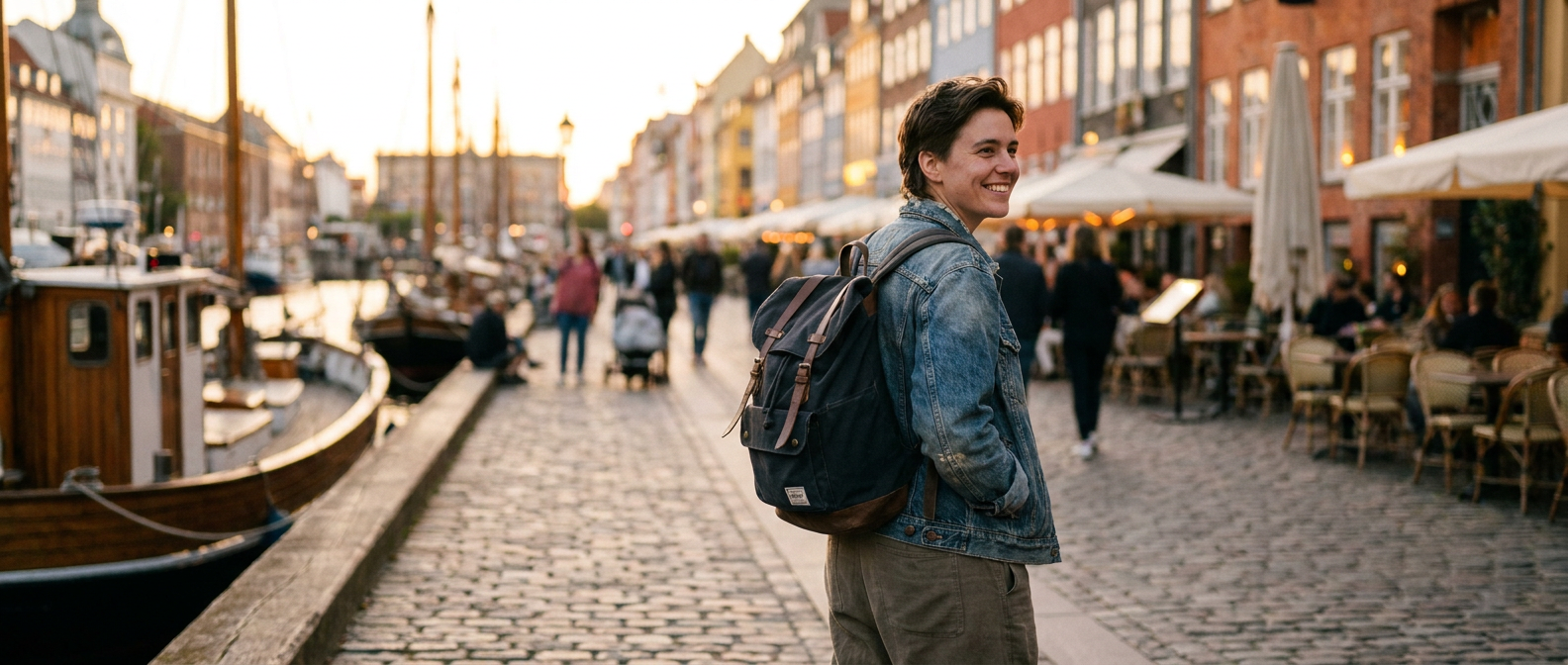 Androgynous person smiling, walking along a canal in Copenhagen's Nyhavn district, with colorful buildings and boats behind t