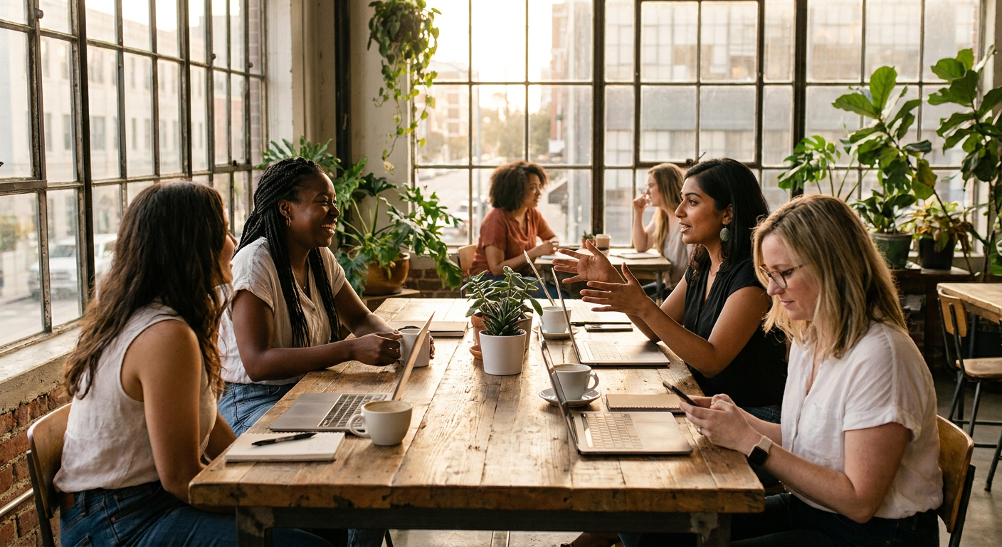 Diverse group of queer women, 20s-40s, engaging in conversation around a table in a modern, sunlit setting. One woman is look