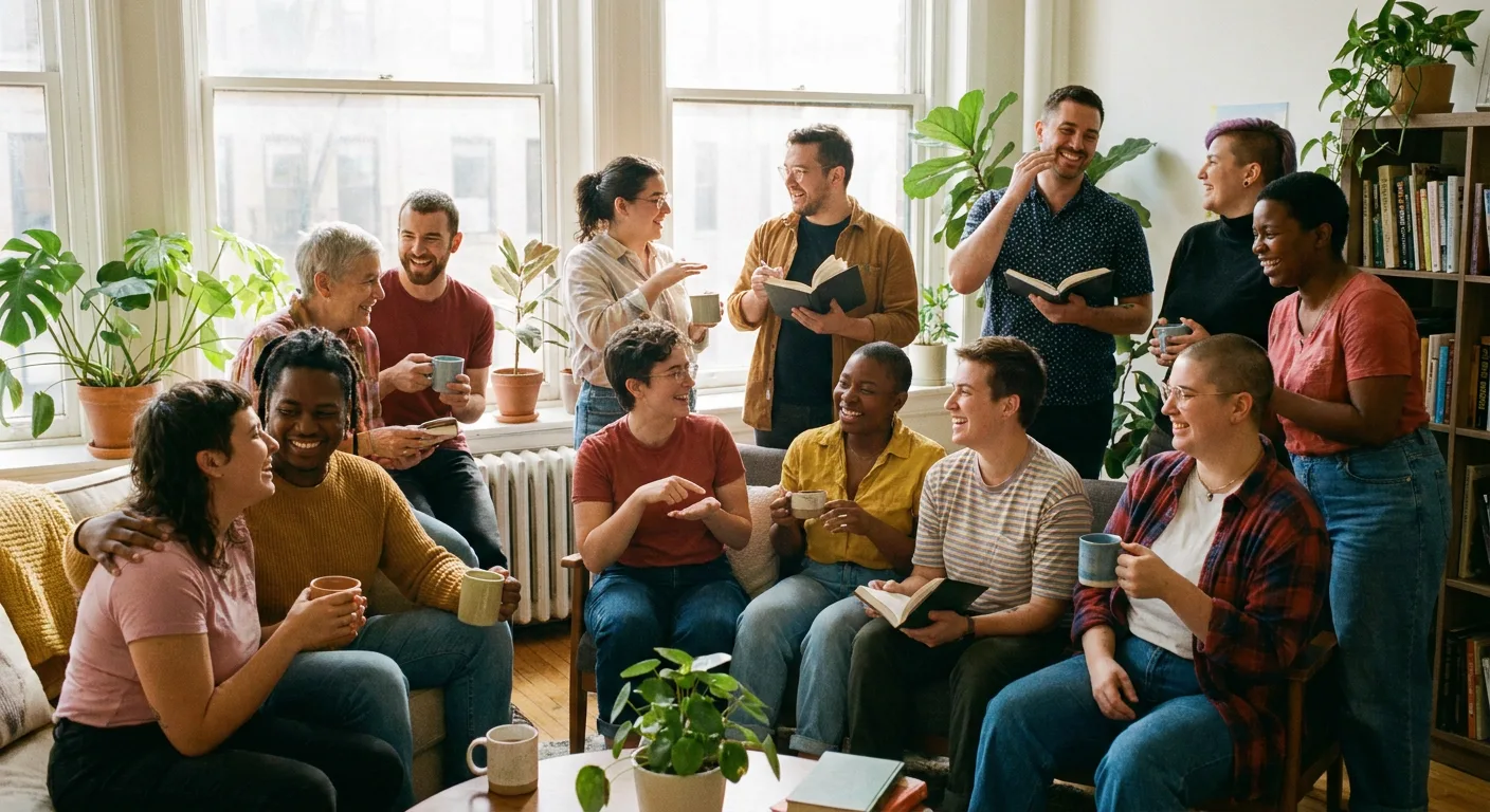 Diverse group of LGBTQ+ individuals smiling and conversing in a sunlit community center, embodying inclusion.