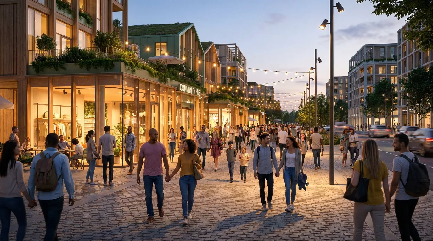 Diverse people, including queer couples, confidently walking down a brightly lit, modern city street at dusk, exuding a sense