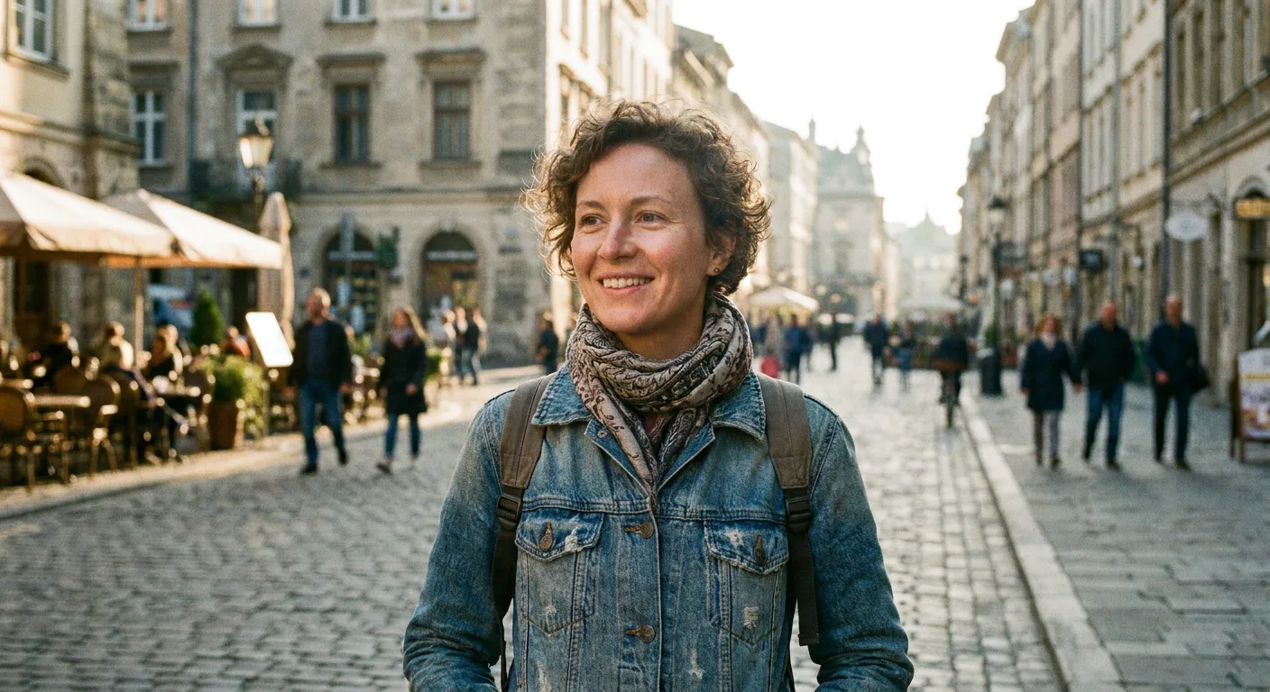 Close-up of a smiling queer woman traveler in a sunny European city, soft focus background.