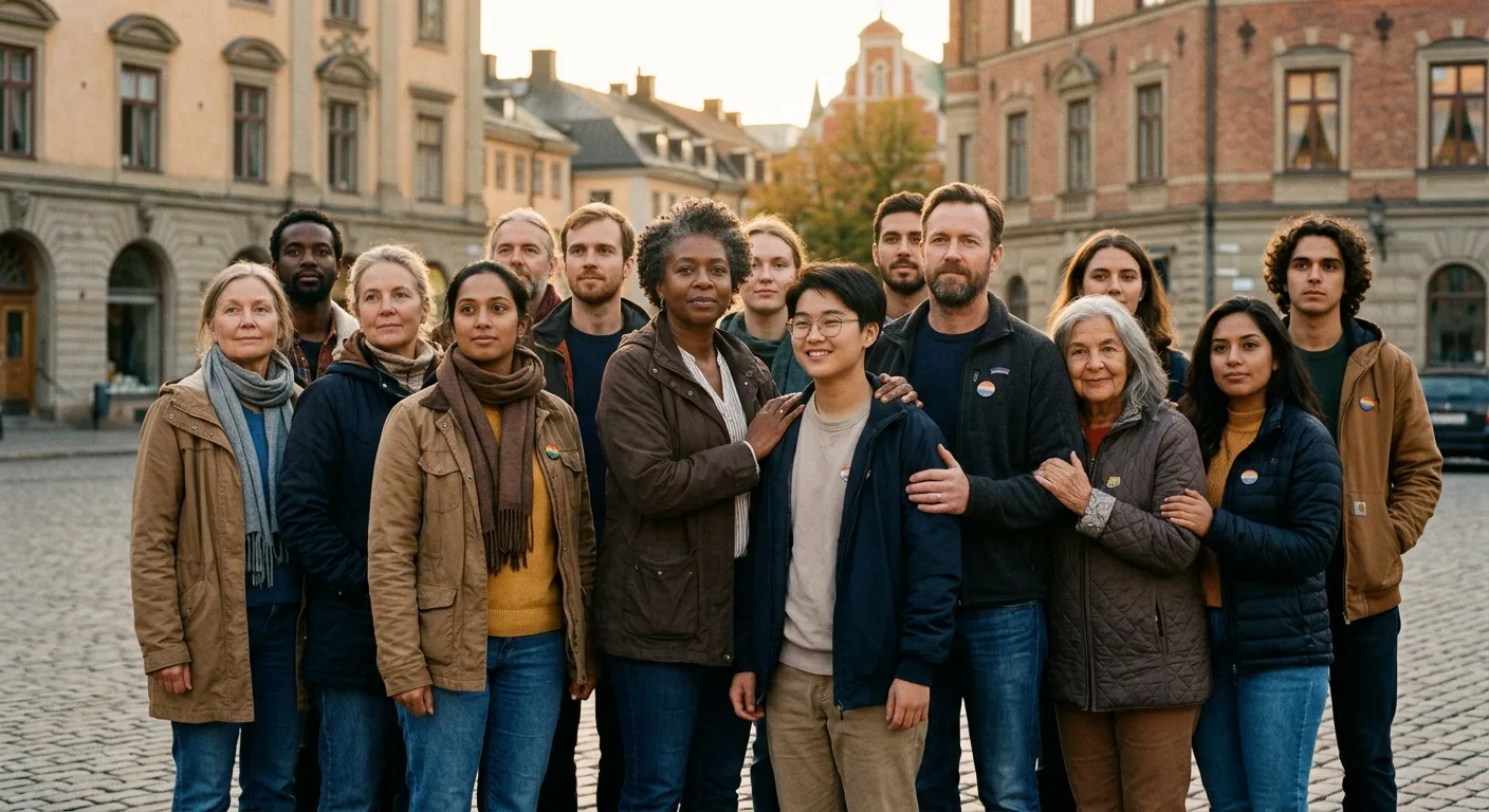 Diverse group of LGBTQ+ individuals and allies standing together in a Stockholm square, illuminated by warm, golden light, sy