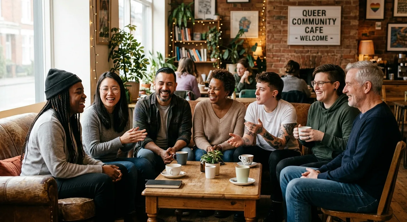 A diverse group of adults of various ages and skin tones in a warm, inviting community space, sharing laughter and conversati