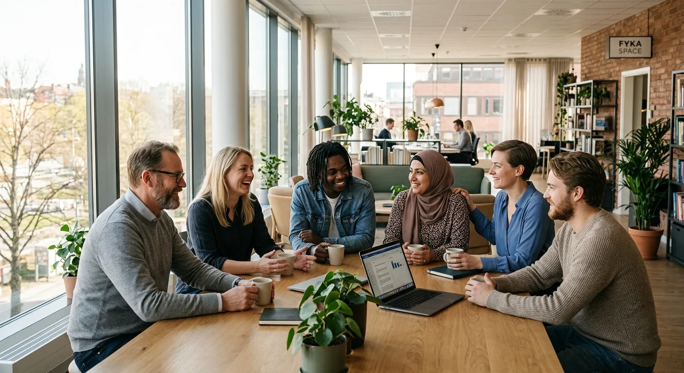 Diverse group of colleagues in a bright, modern office common area, engaging in relaxed conversation and collaborative work.