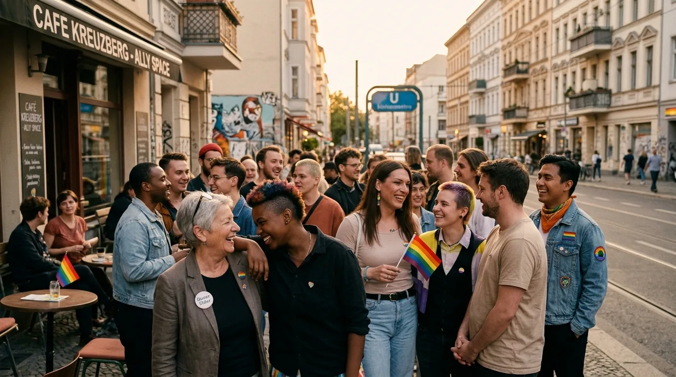 Diverse LGBTQIA+ community members of varying ages and backgrounds gather joyfully in a sunlit Berlin street.