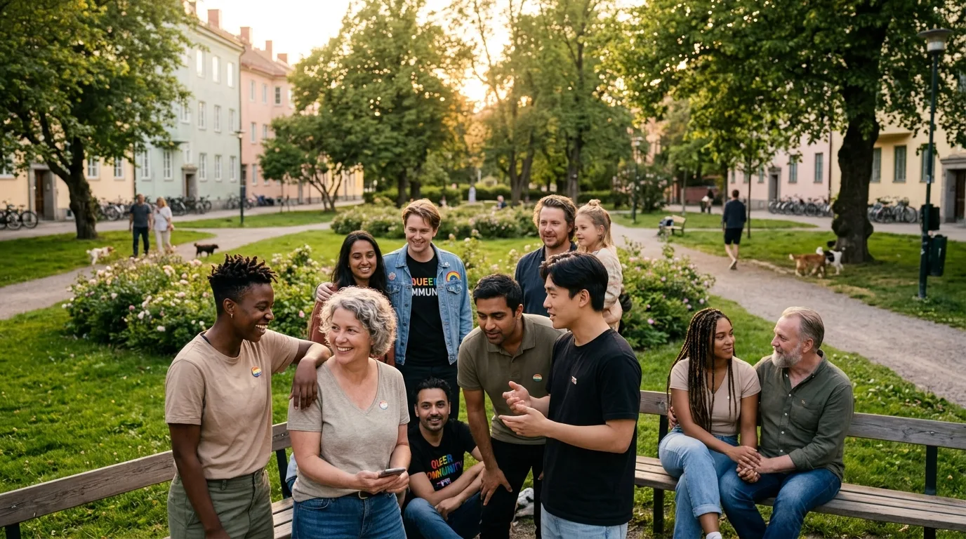 A diverse group of LGBTQ+ people in a tranquil Scandinavian park, smiling and interacting under warm, golden light.
