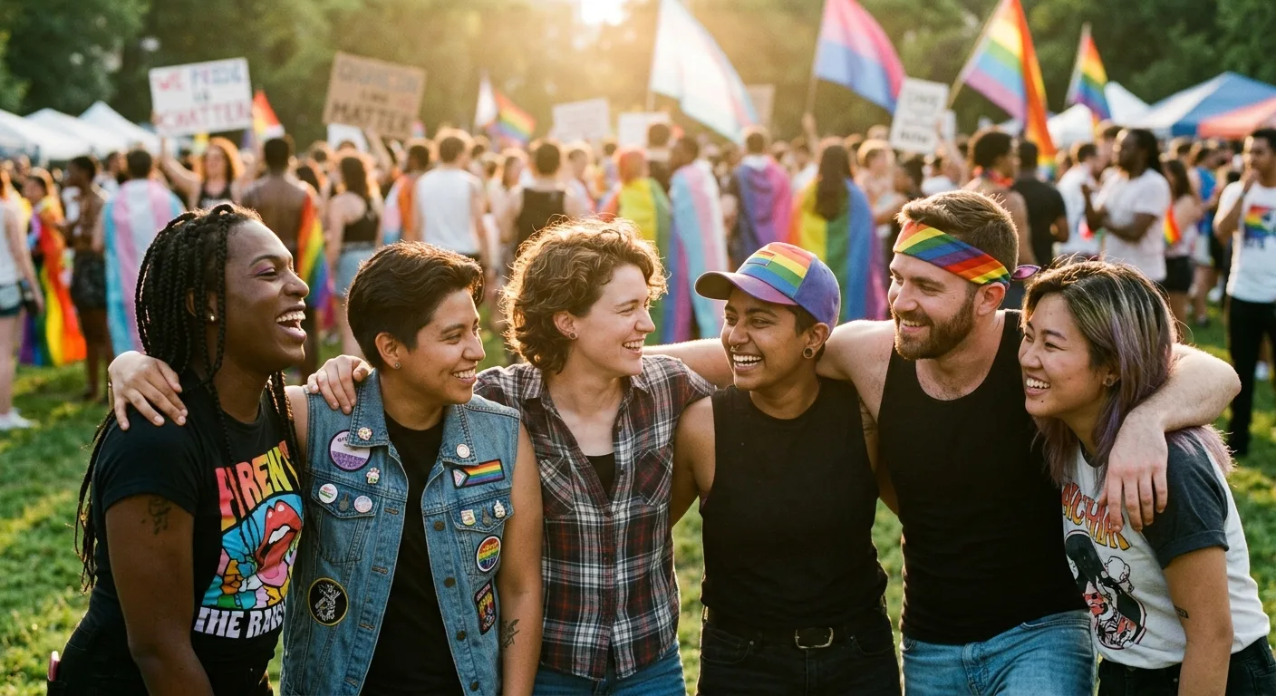 Diverse queer individuals laughing and sharing a moment of genuine connection at a vibrant outdoor Pride event, illuminated b