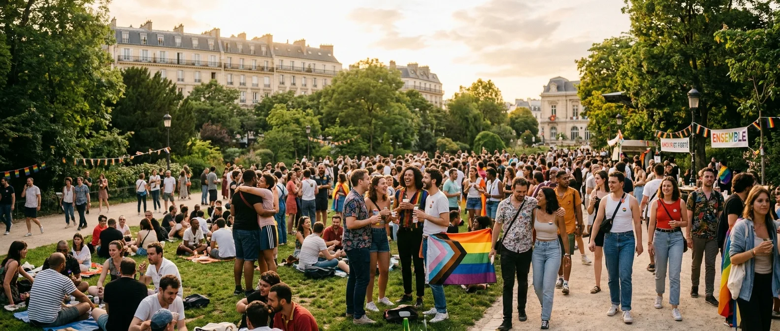 Diverse LGBTQ+ people laughing, chatting, and connecting warmly at a vibrant outdoor community event in a sunny French city p