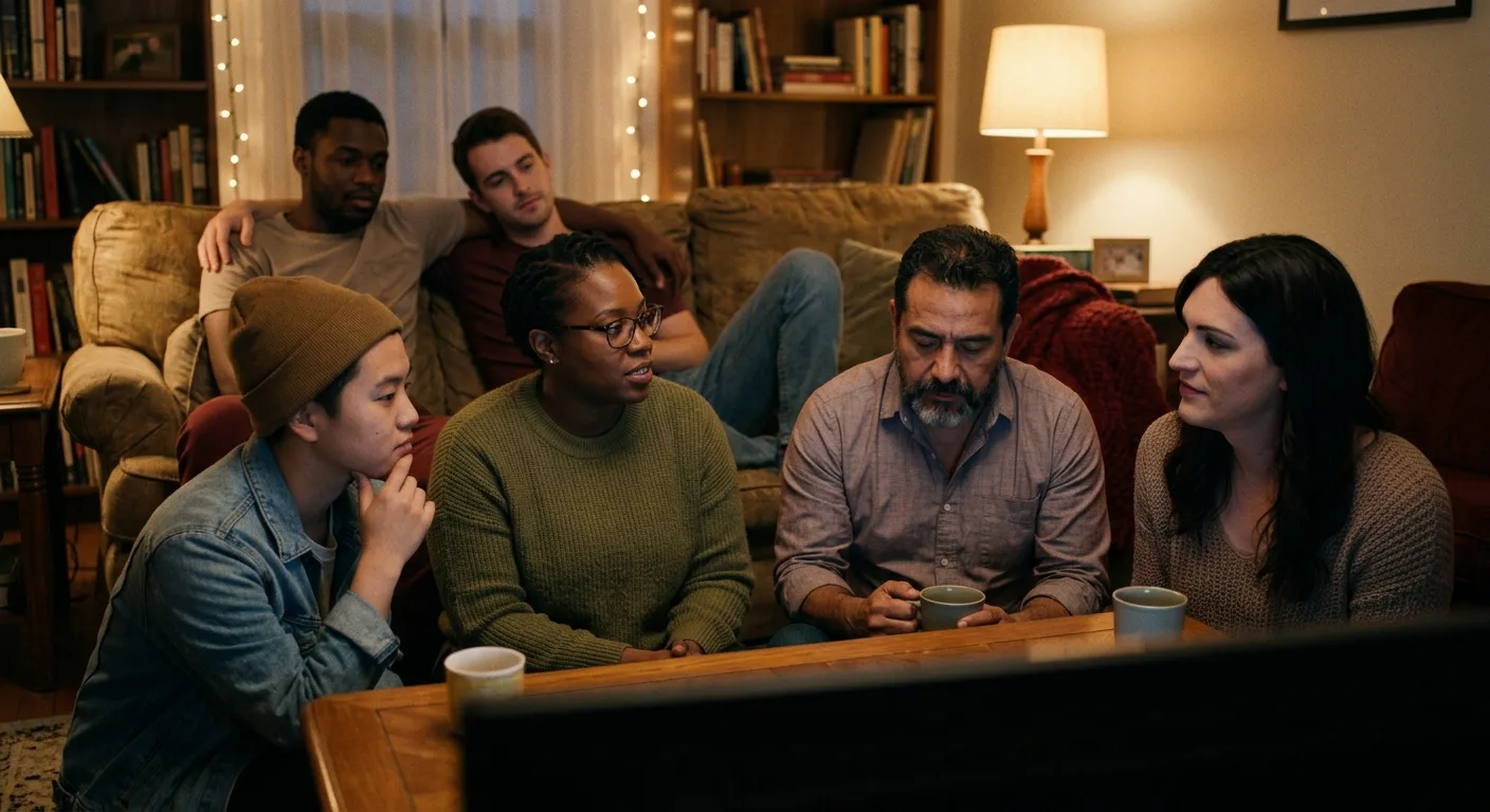 Diverse group of LGBTQ+ individuals in a warm, softly lit living room, some conversing, others thoughtfully watching a film.