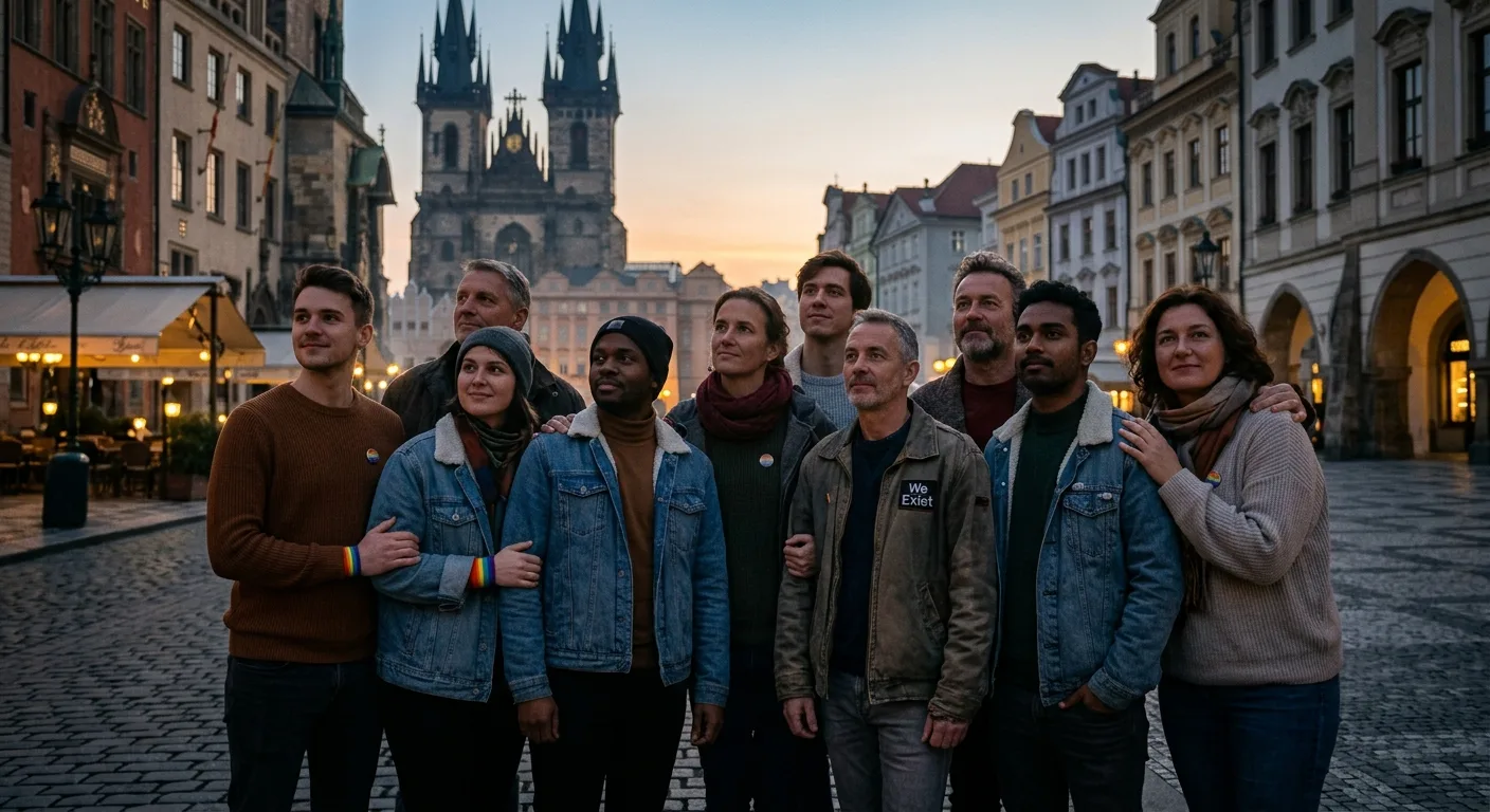 Diverse LGBTQ+ individuals gathered in a European city square at dusk, showing solidarity and quiet resilience.