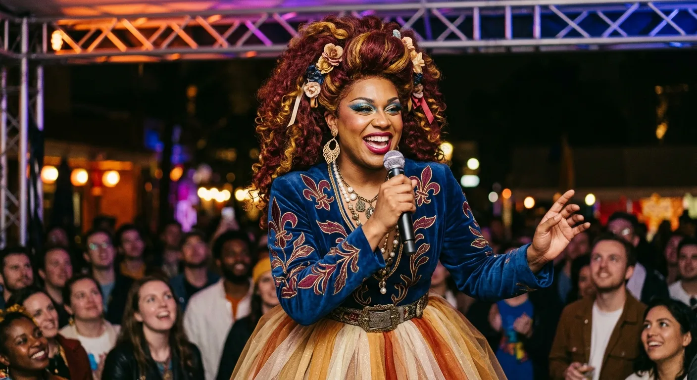 A diverse drag queen performing on stage under warm spotlights, wearing a vibrant, ornate costume and holding a microphone.