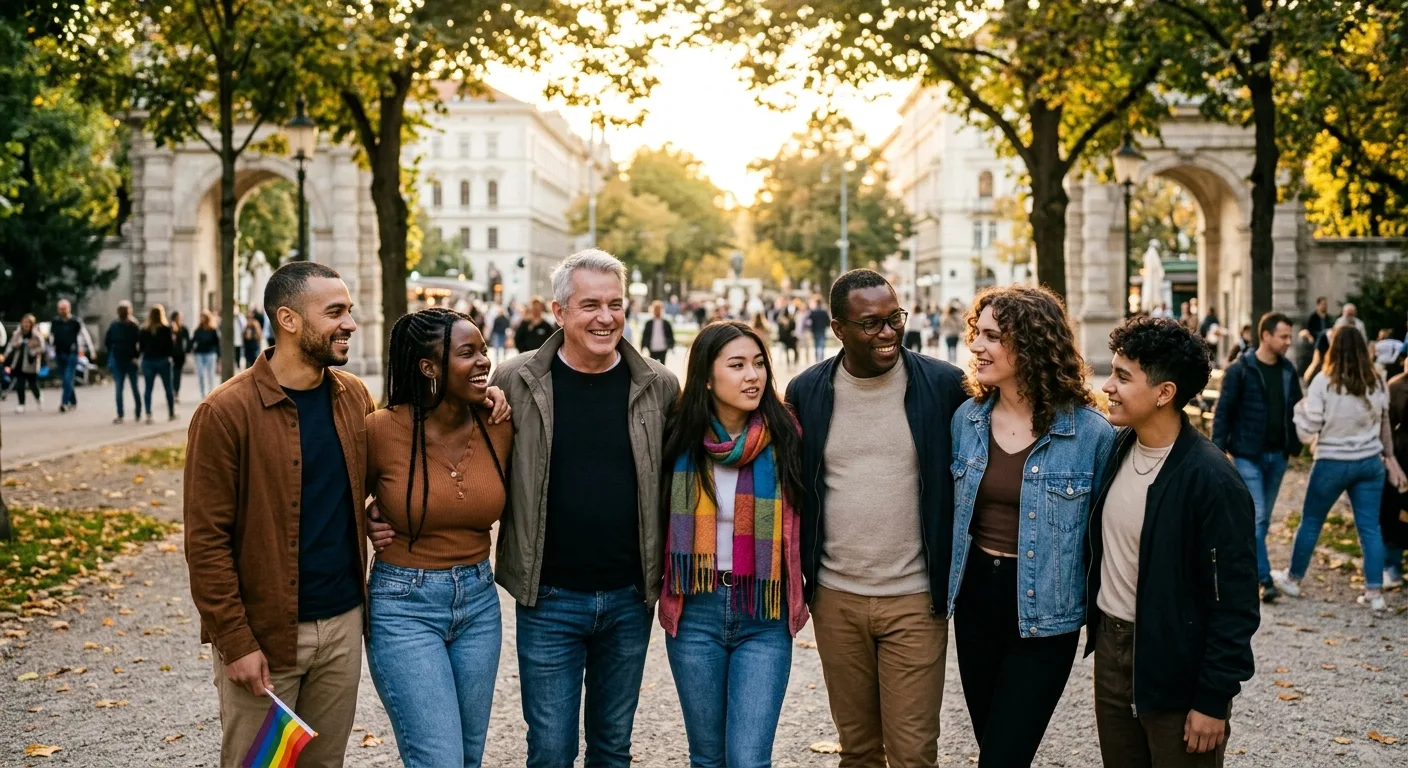 Diverse group of trans people of various ages and skin tones standing together in a warm, sunlit European city park, showing
