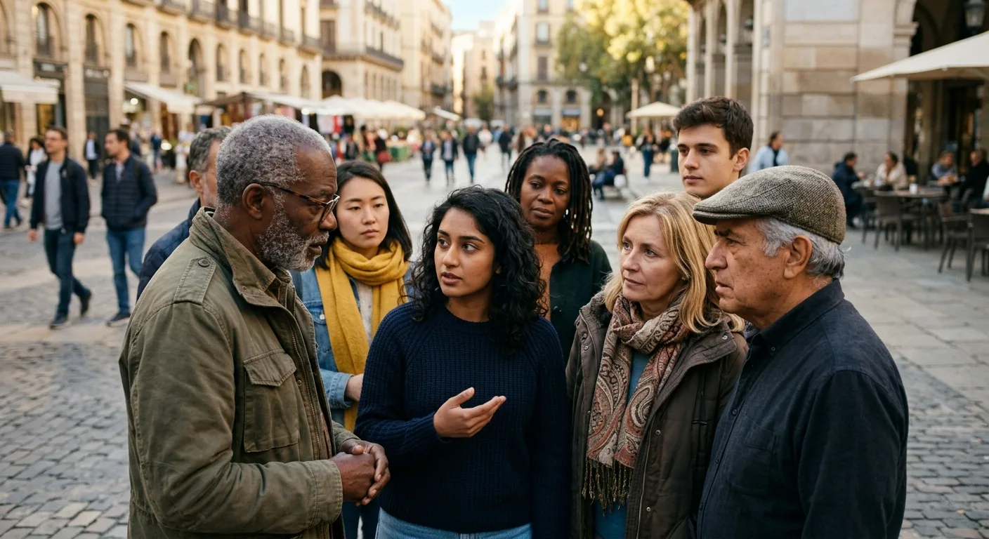 Diverse group of people in an urban square engaged in thoughtful conversation, reflecting public concern over leadership.