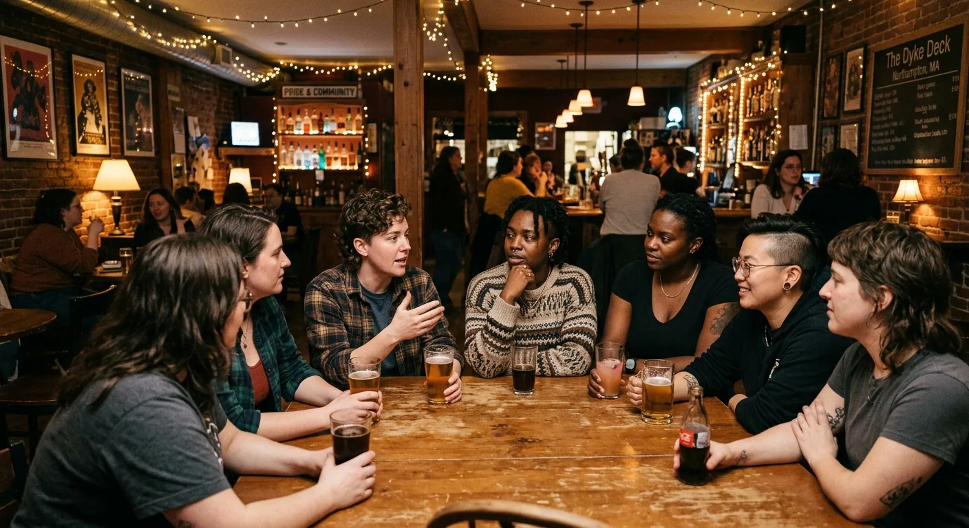 Diverse queer community members in a lively Massachusetts lesbian bar, engaged in close conversation, with warm lighting.