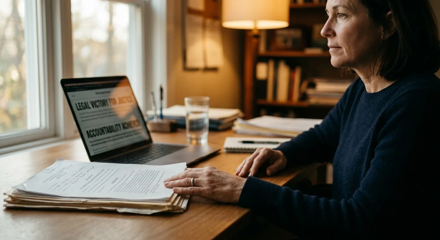 A person's hands resting near official documents or a screen on a table, bathed in soft light, conveying thoughtful resolutio