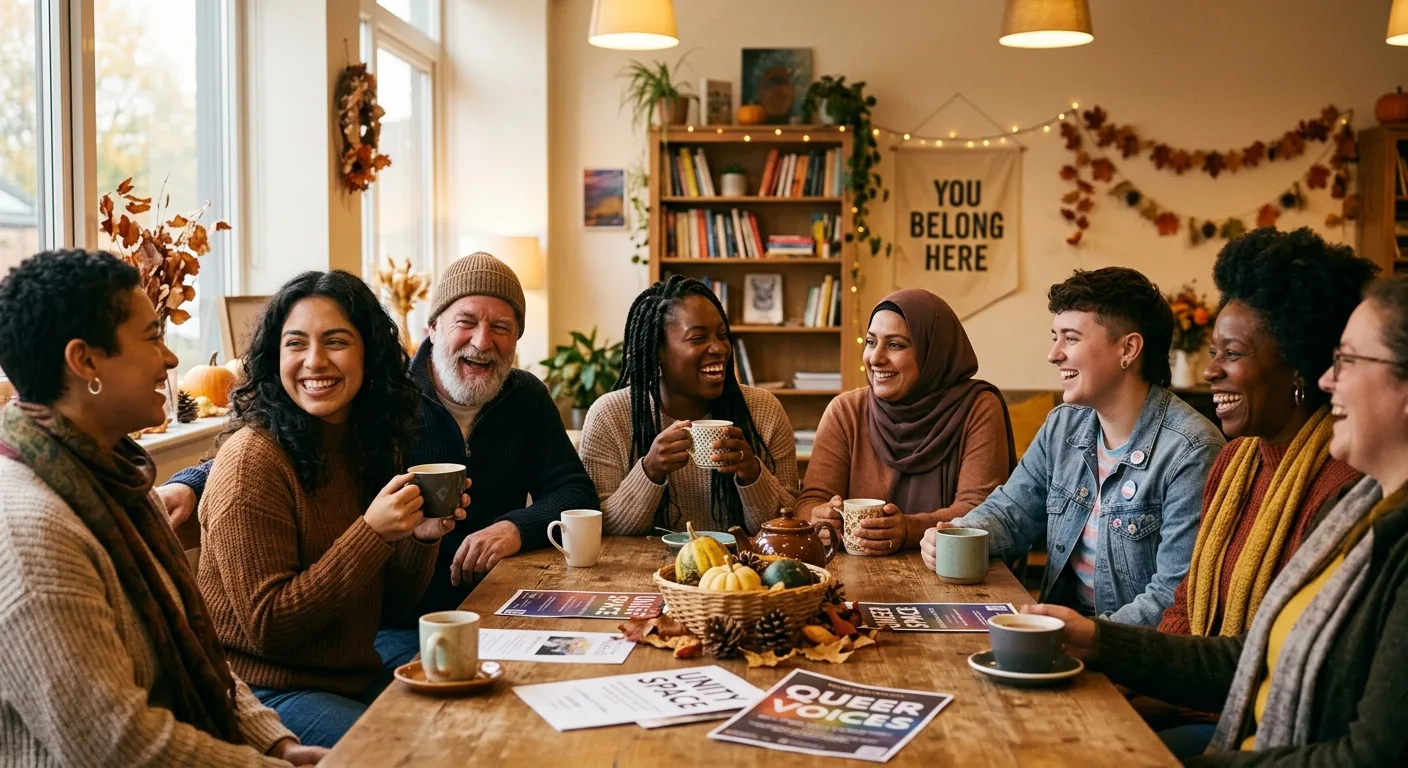 Diverse LGBTQ+ individuals smiling and chatting in a warmly lit, autumn-decorated community space, fostering connection and w