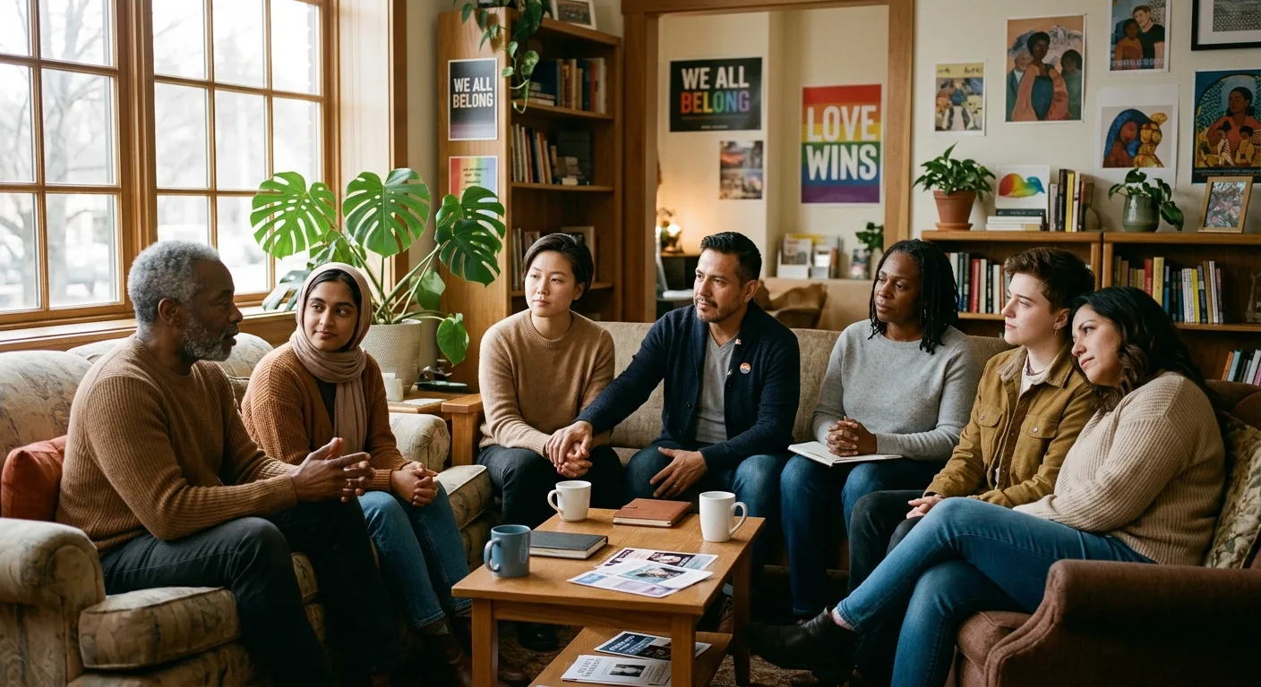 A diverse group of LGBTQ+ individuals, of varying ages and ethnicities, sharing a quiet, supportive moment in a softly lit ro