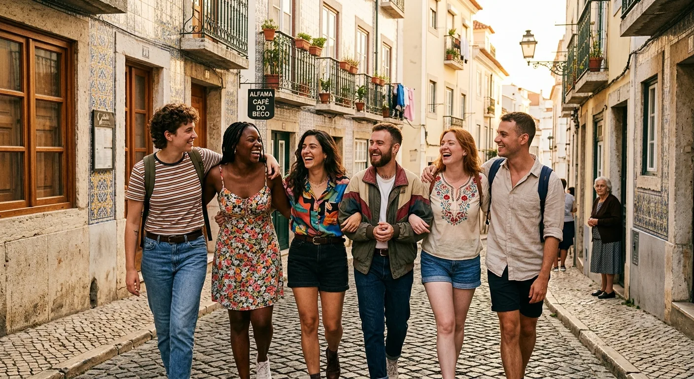 Diverse queer individuals enjoy a vibrant city street in Portugal at golden hour, laughing and walking together, colorful til